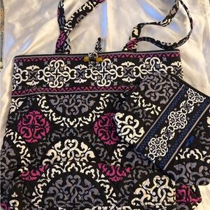 Vera Bradley Canterbury Magenta &  Black Patterned Tote with new makeup bag